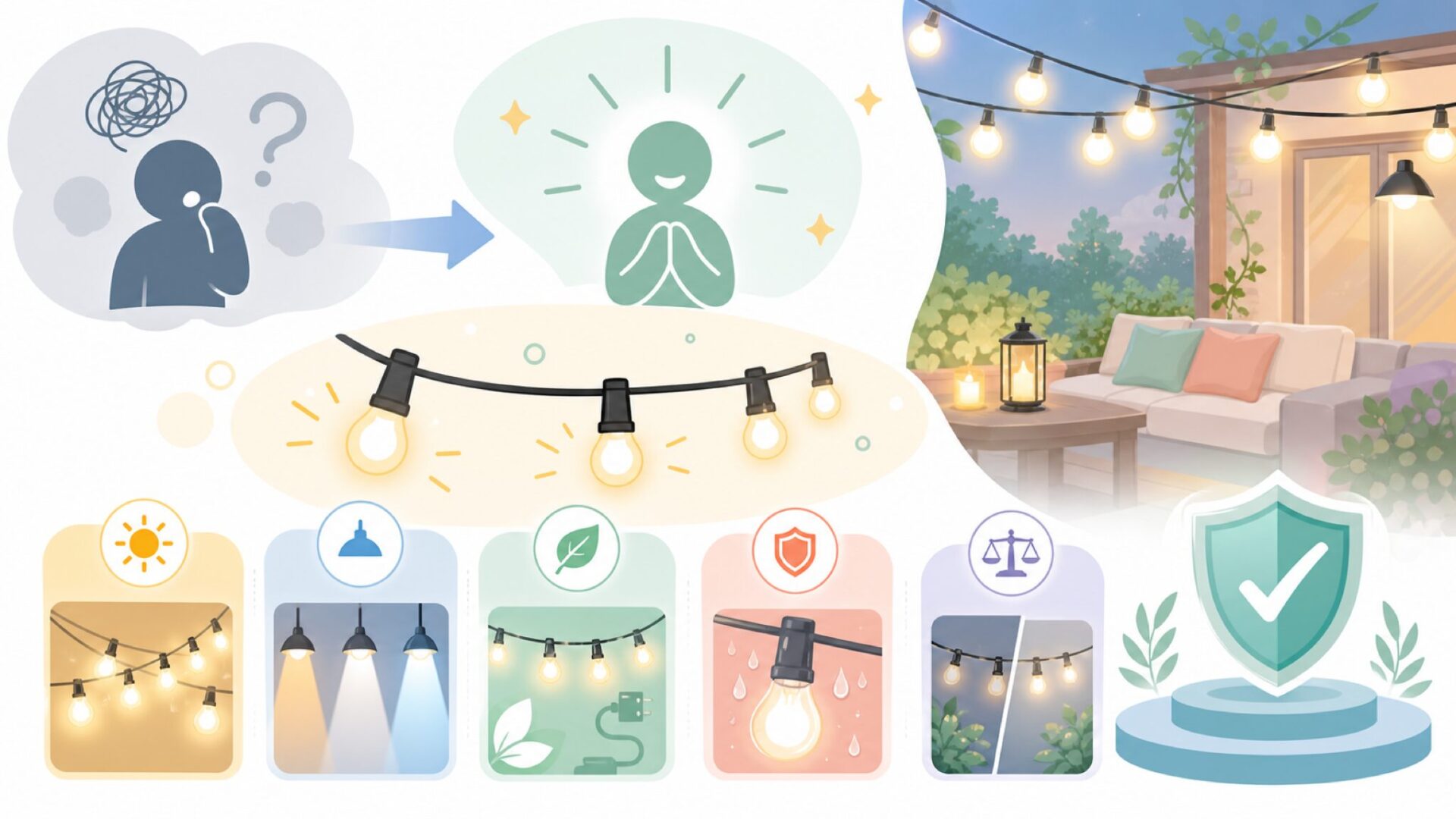 Mocalido LEDストリングライトの特徴と魅力を表すイラスト
