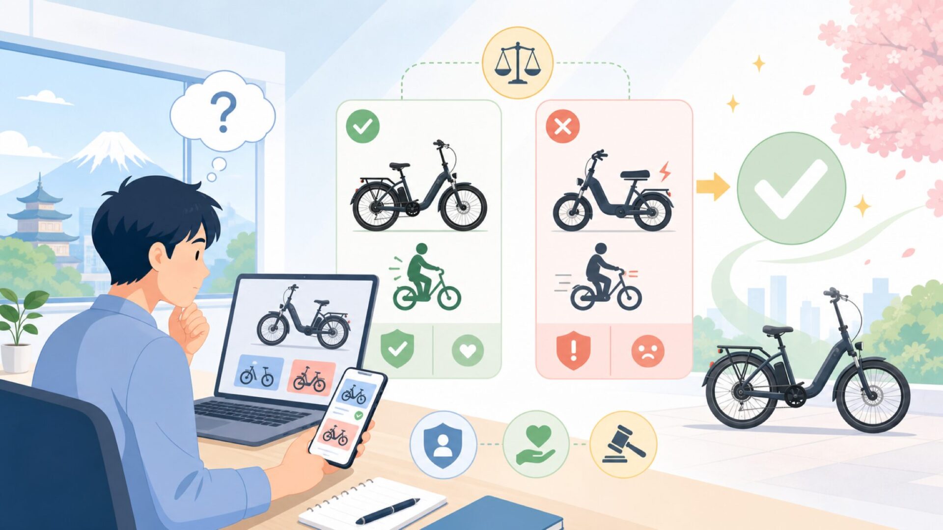 Heybikeの電動自転車は日本の法律で問題なく乗れるのかを表すイラスト