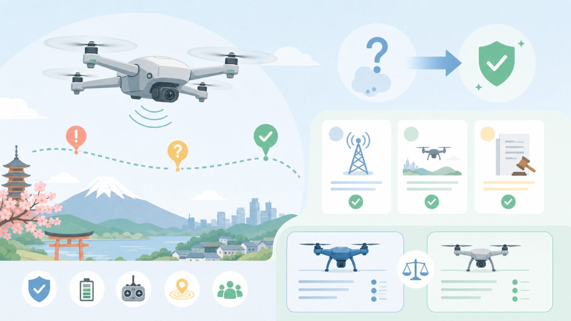日本で飛ばしても大丈夫?技適・電波法・航空法のチェックポイントを表すイラスト