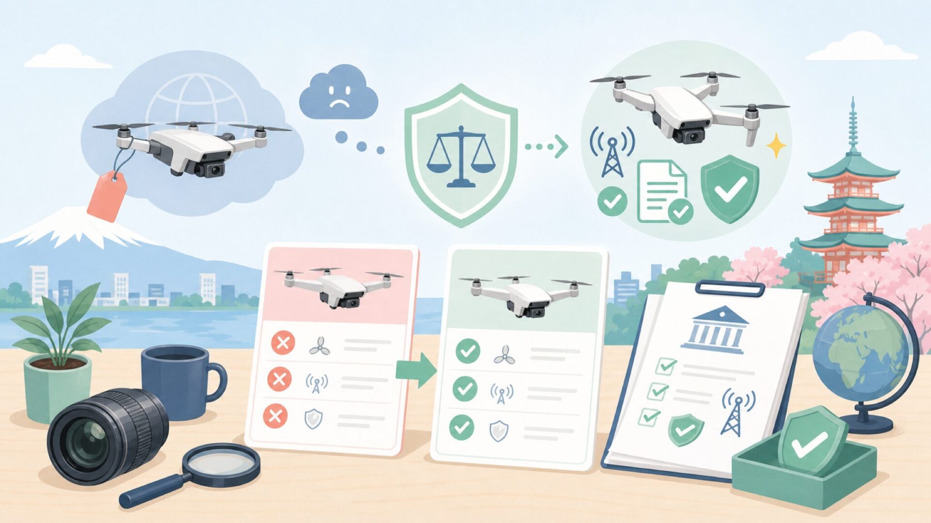 日本で使っても違法にならない？航空法・電波法のチェックポイントを表すイラスト