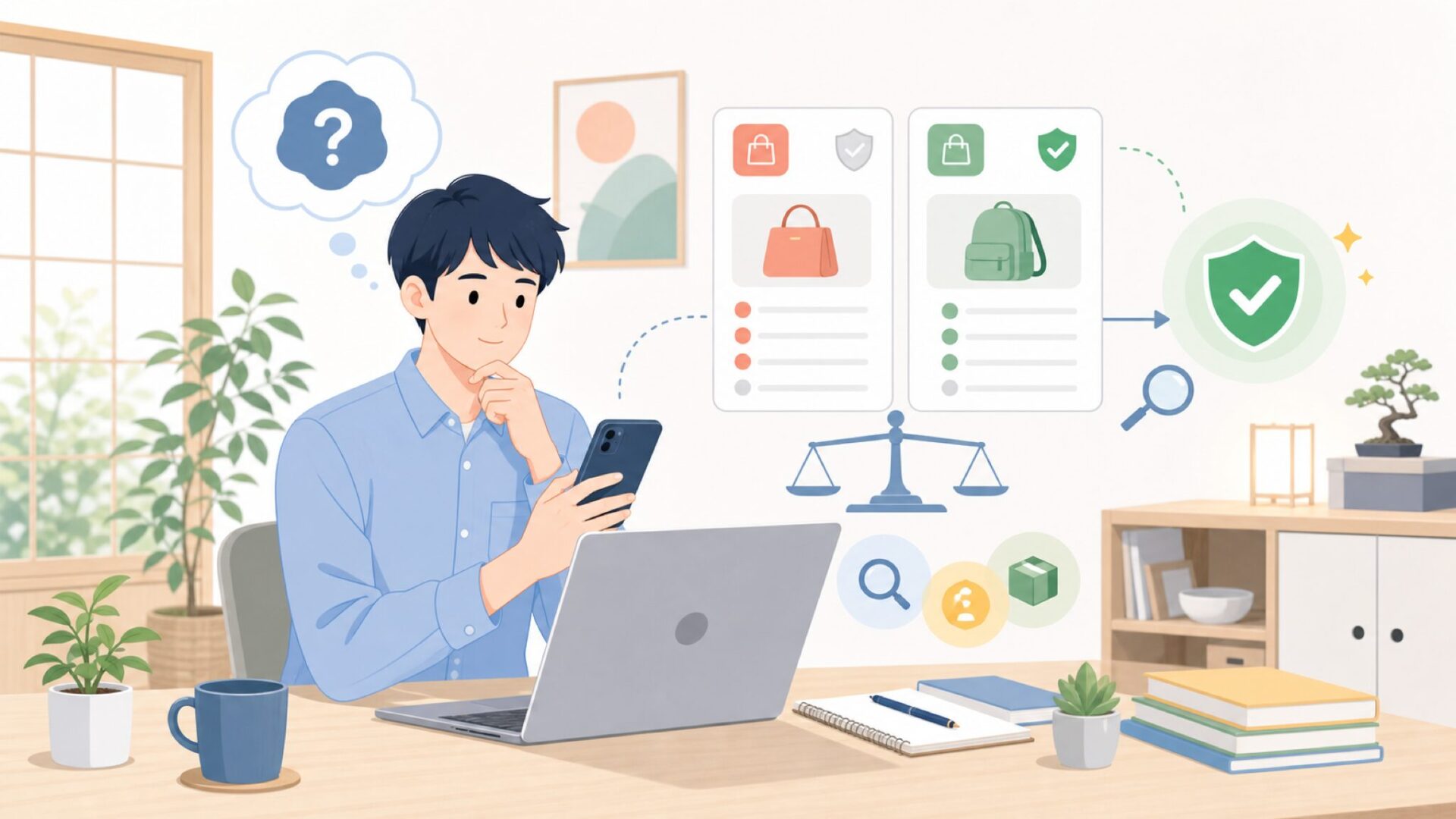通販で見かけたとき「怪しくないか」を確認する3つのポイントを表すイラスト