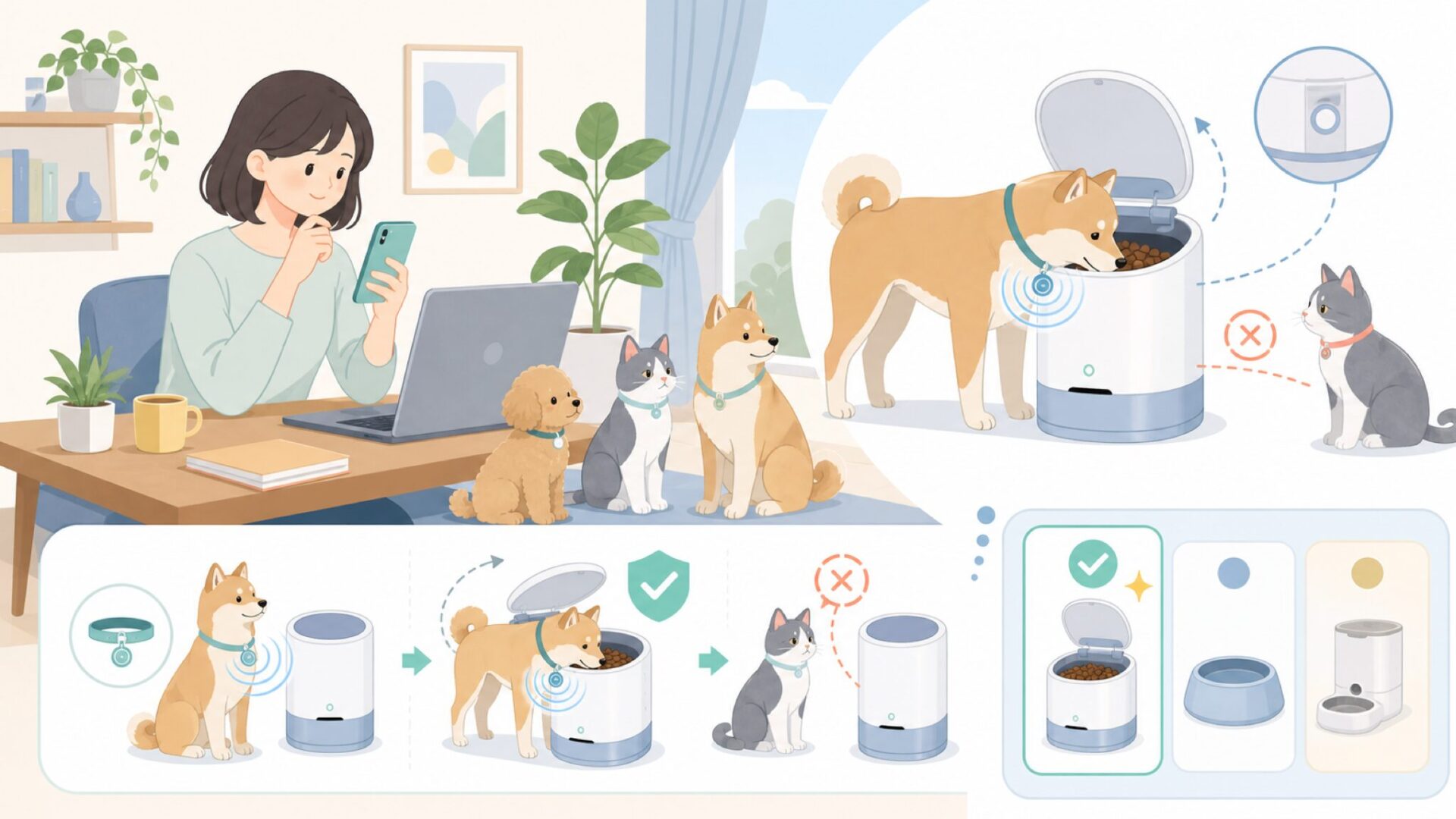 多頭飼いの食事管理を変える「個体識別給餌」の仕組みを表すイラスト