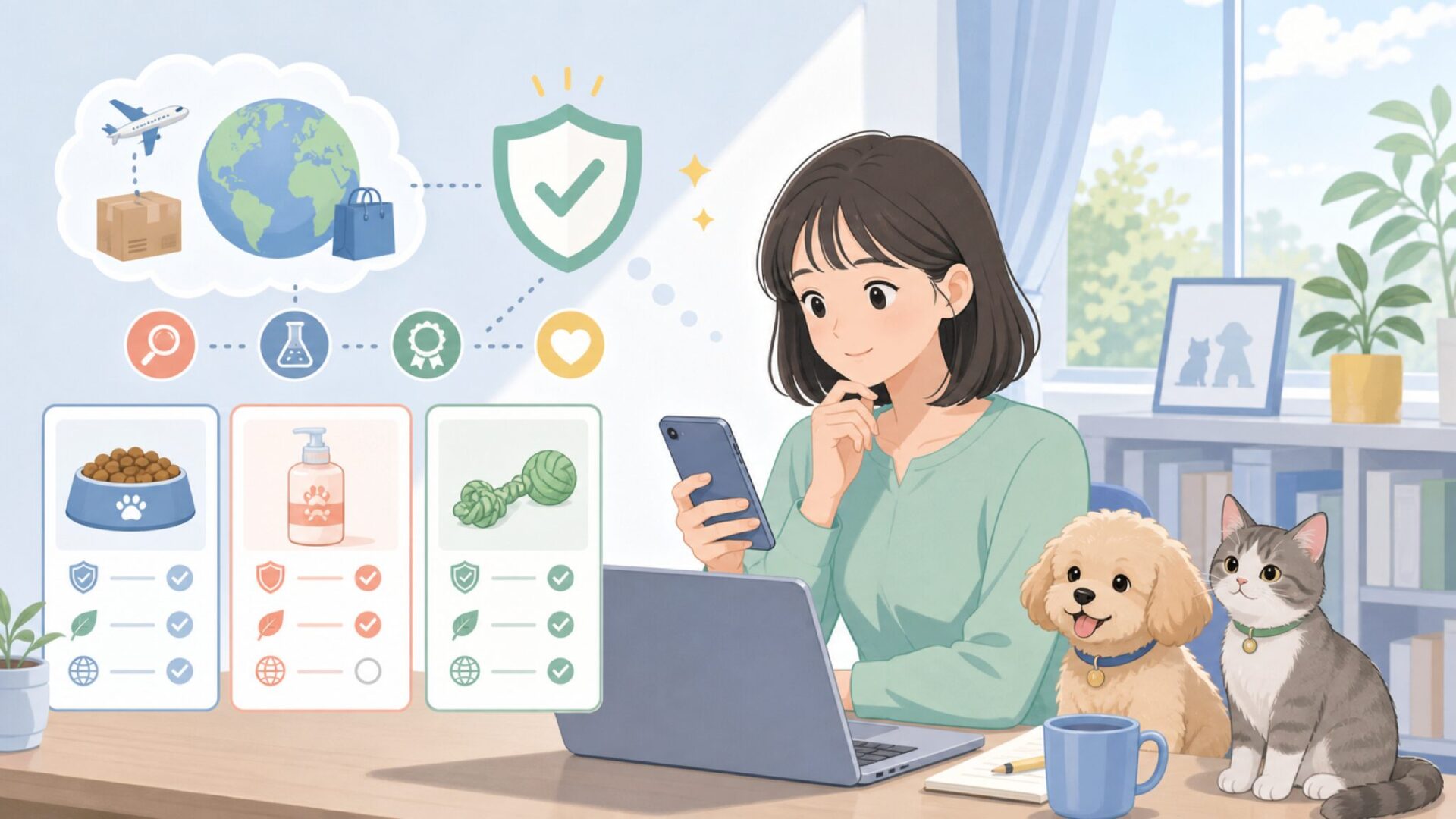 海外ブランドを愛犬・愛猫に使うときの安全性の考え方を表すイラスト