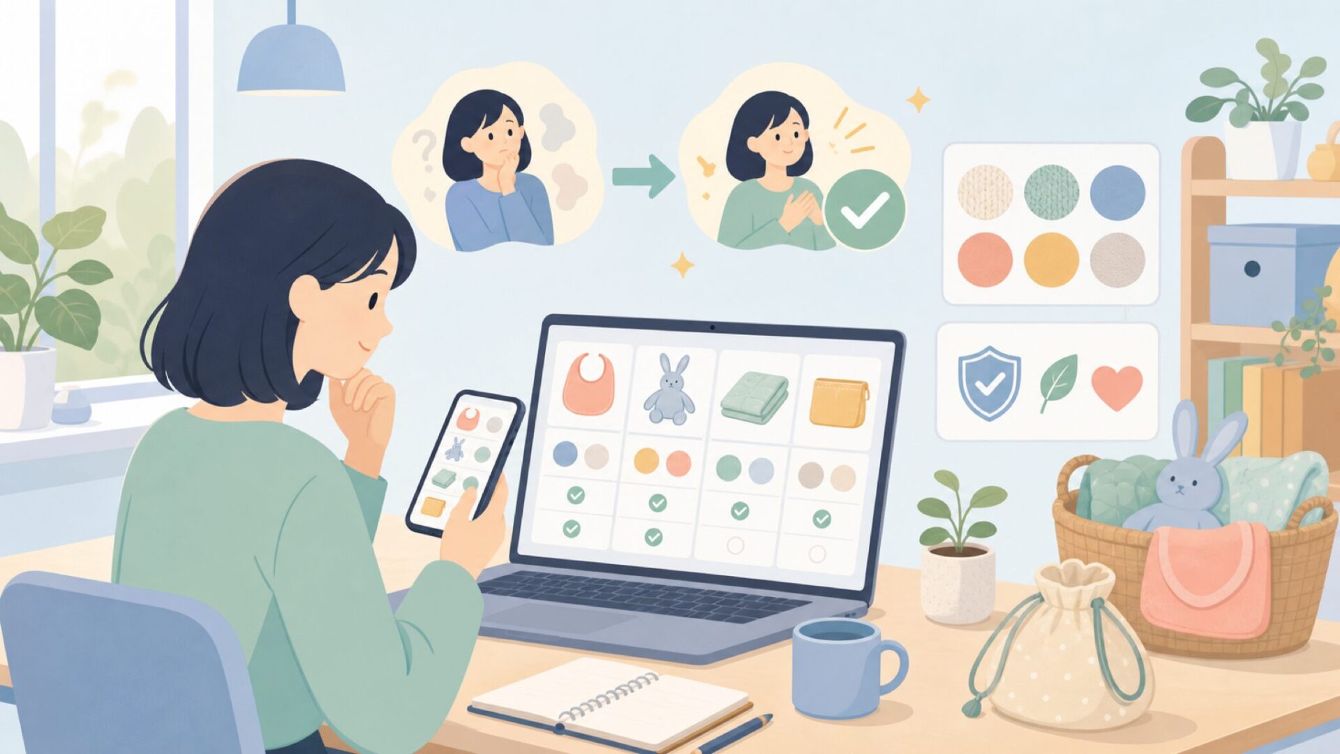 Fabelabの商品ラインナップと素材の安全性を表すイラスト