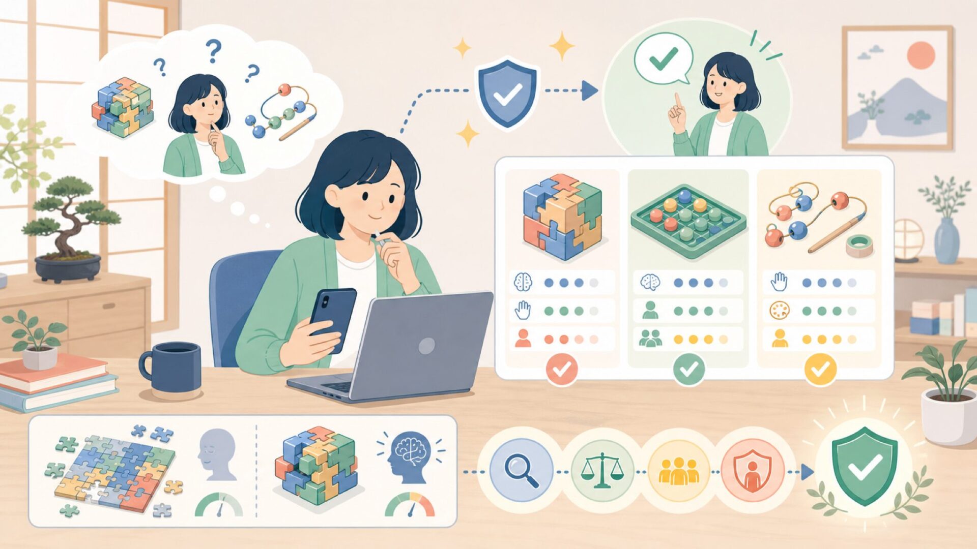 商品説明でわかるMindWareのおもちゃの特徴と対象年齢の見極め方を表すイラスト