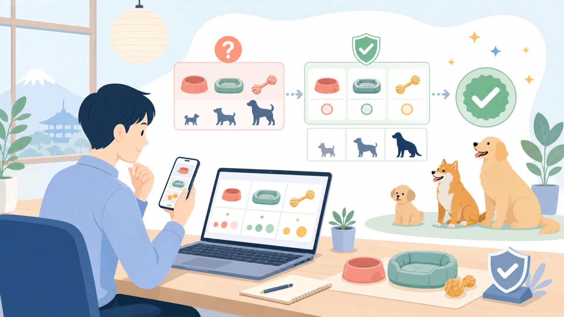 代表商品ラインナップとサイズ・犬種別の選び方を表すイラスト