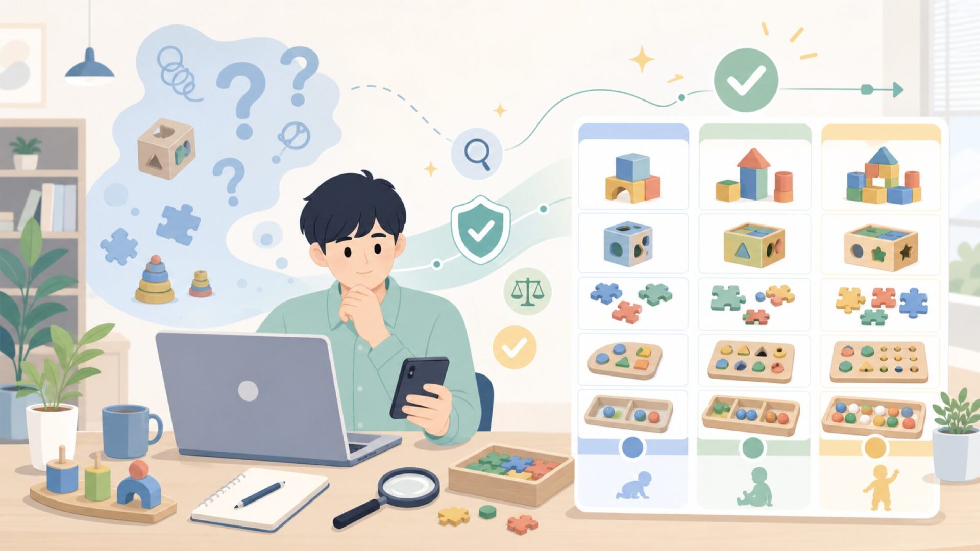 Learning Journeyのおもちゃの種類とラインナップを表すイラスト