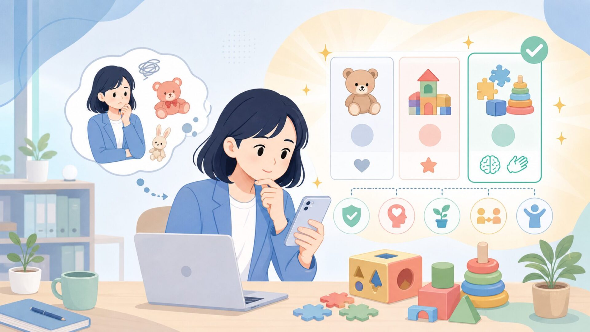 プレイモービルが子どもの知育に選ばれる理由を表すイラスト