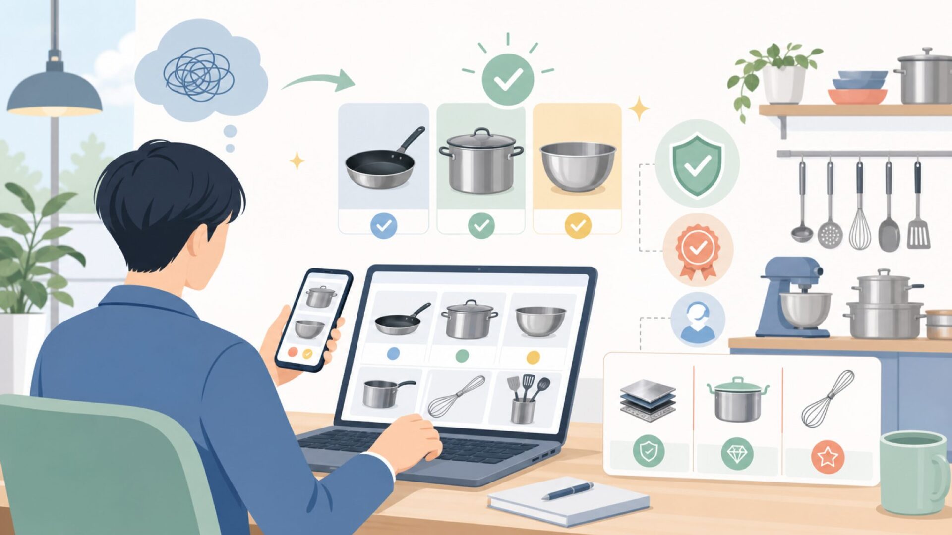 Lacorの代表的なキッチン用品とプロ仕様の特徴を表すイラスト