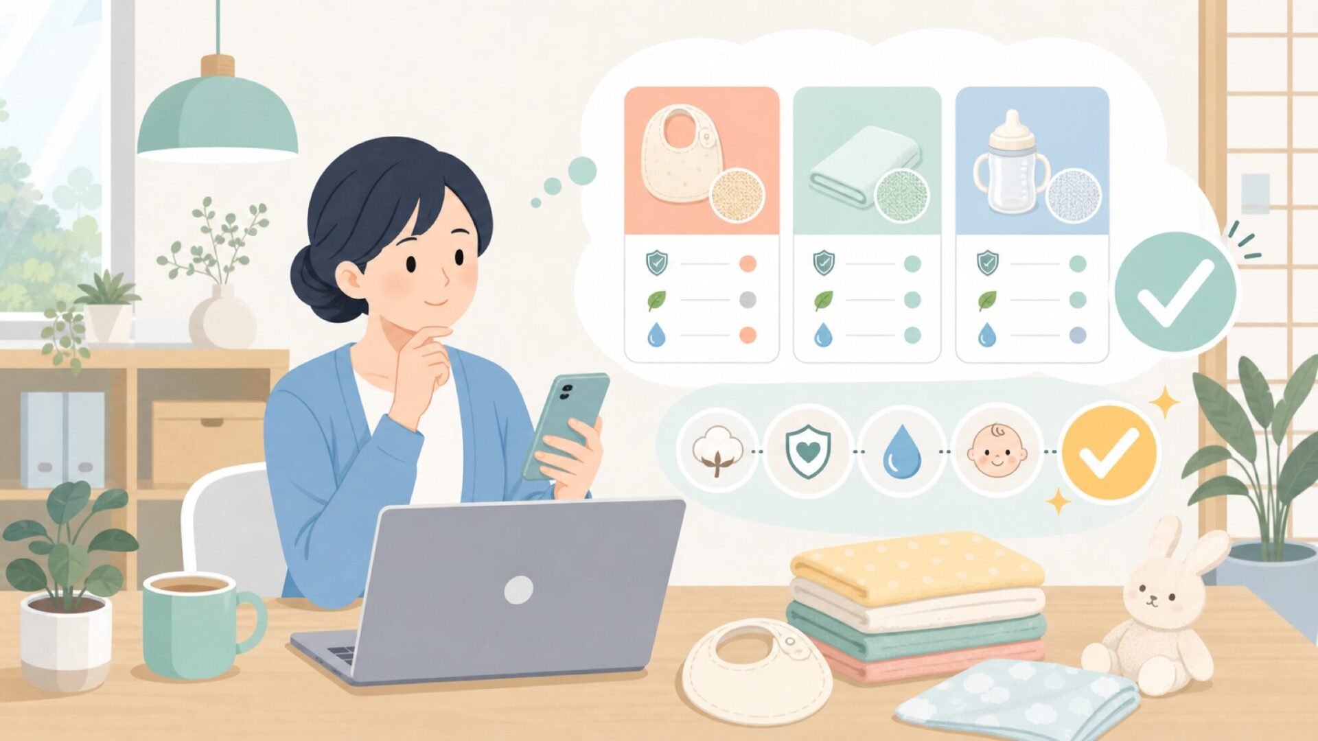 Kushiesのベビー用品は赤ちゃんに安心して使える？安全性のポイントを表すイラスト