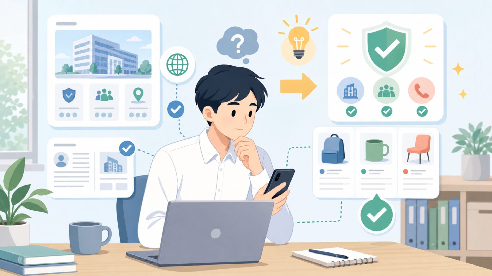 公式サイト・会社情報・問い合わせ先を確認する方法を表すイラスト
