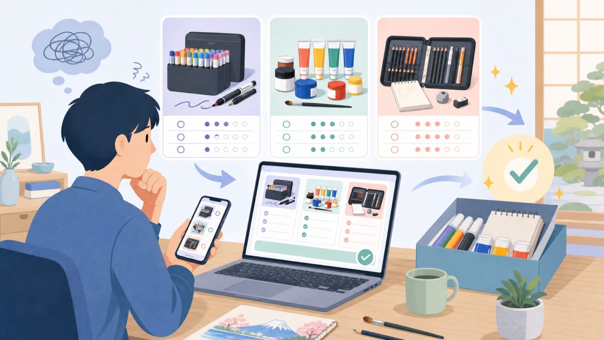 Caliartのマーカー・アクリル絵の具・ドローイングキットの特徴を表すイラスト
