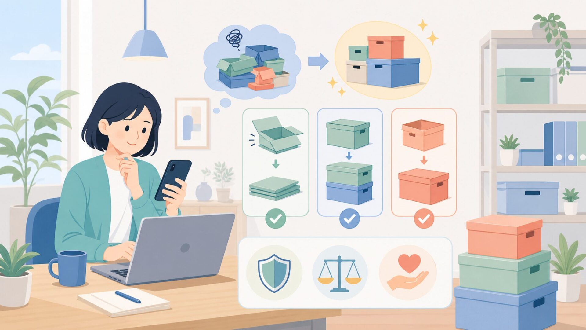 Aykasaの収納ボックスが選ばれる理由——折りたたみ・積み重ね・フタの機能を表すイラスト