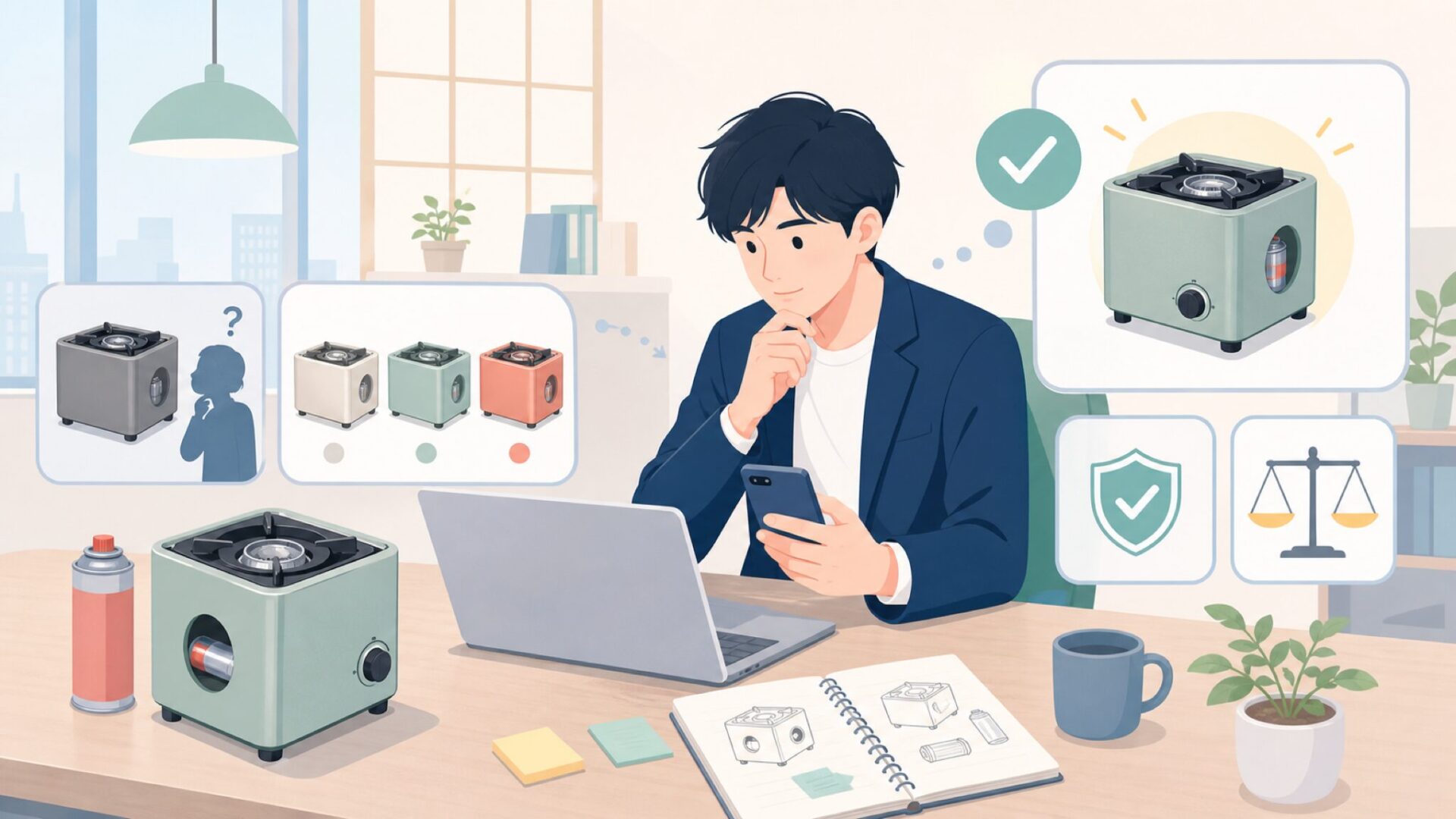 代表商品『CUBE』カセットコンロの実力 — 見た目だけじゃない使い勝手を表すイラスト
