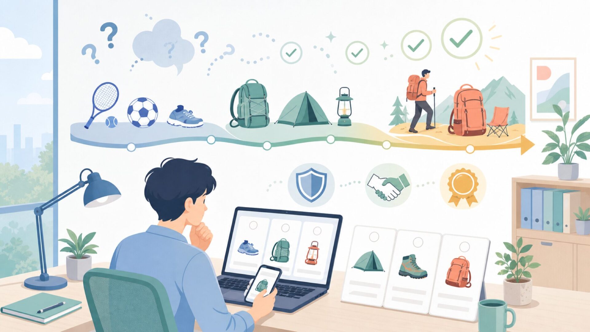 エバニューの歩み―スポーツ用品からアウトドアへ広がった歴史を表すイラスト
