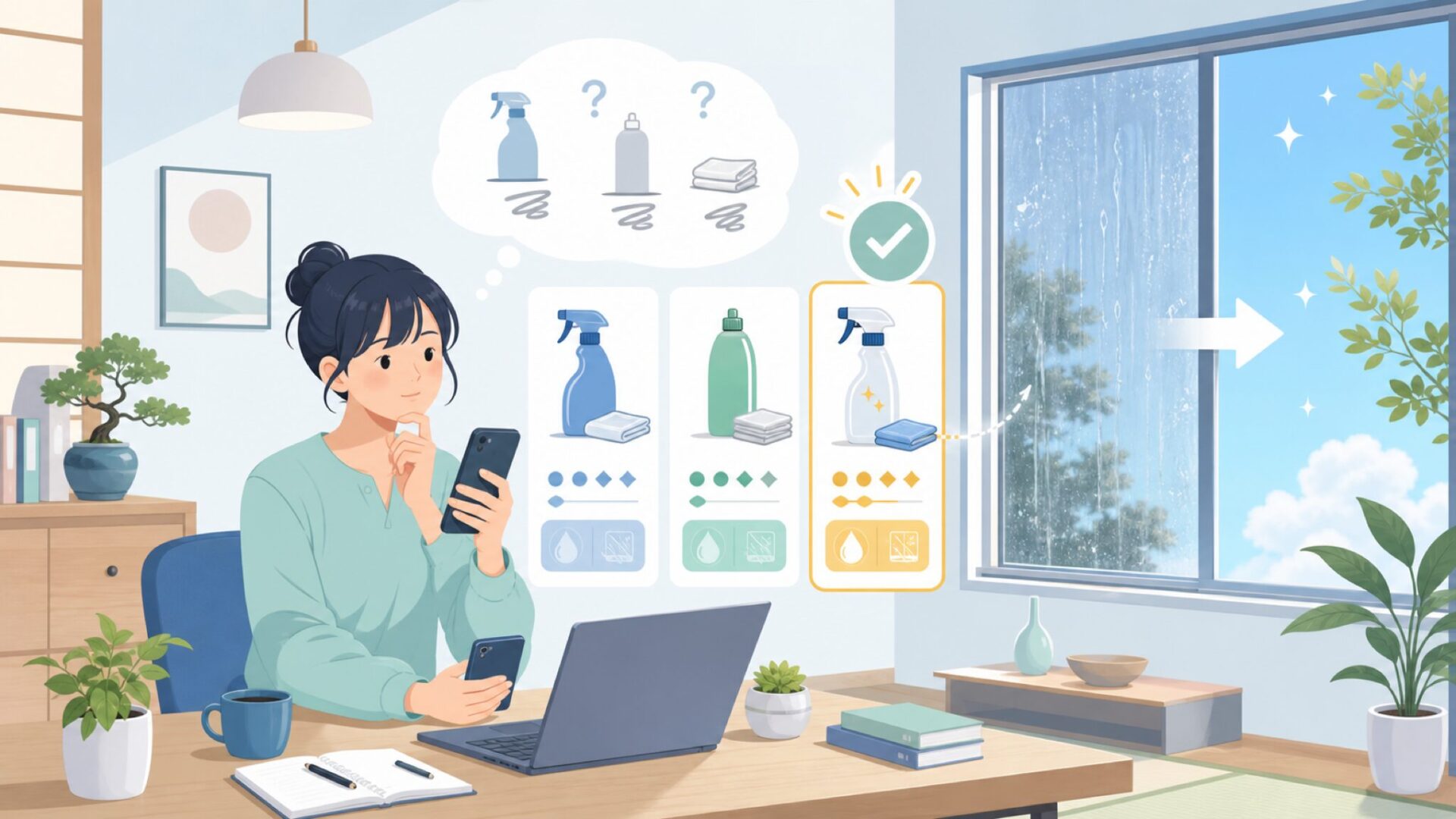 Invisible Glassが選ばれる理由|拭きスジが残らないガラスクリーナーを表すイラスト
