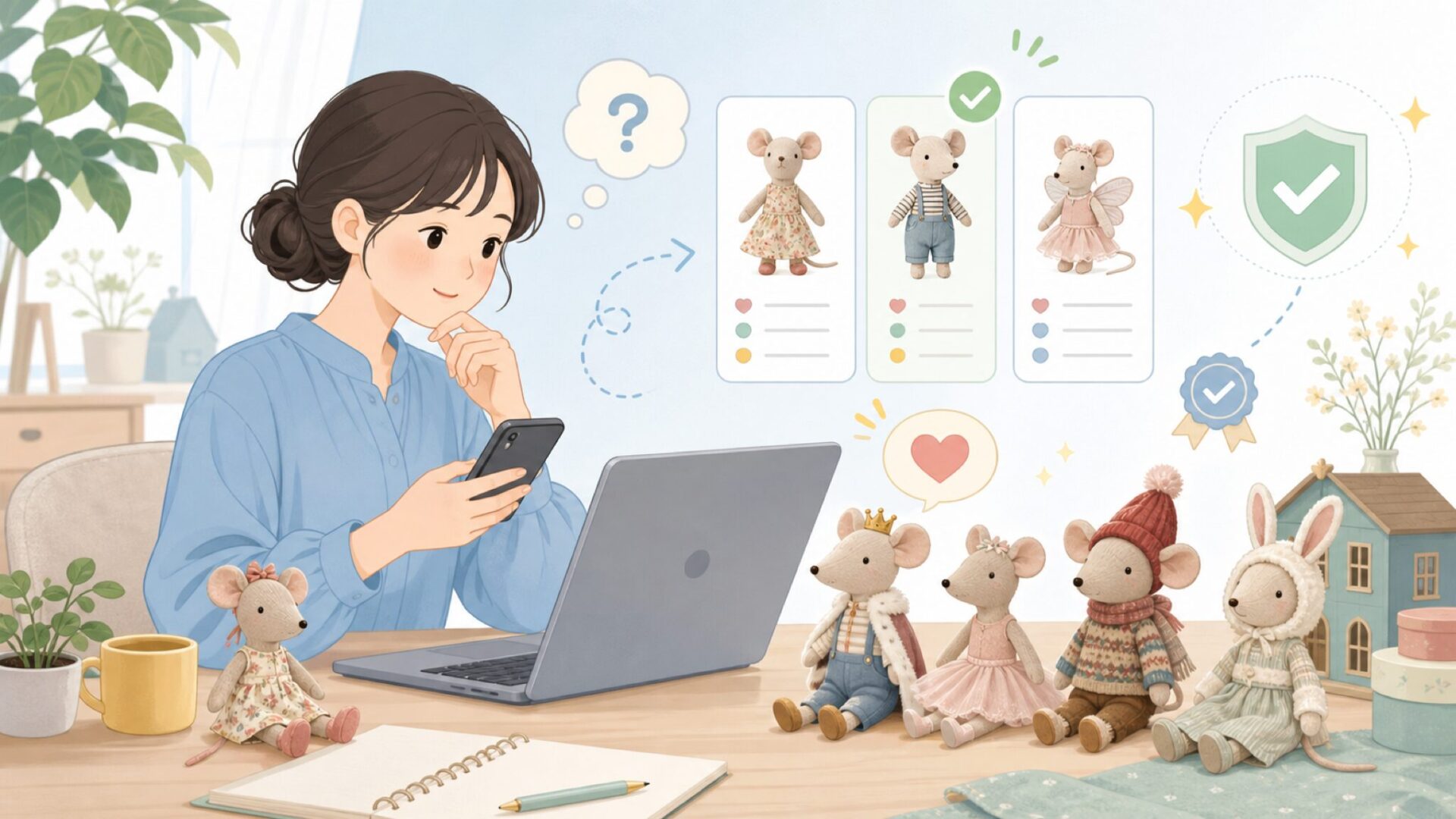 Mailegを代表するネズミシリーズ——愛らしいキャラクターたちの世界を表すイラスト