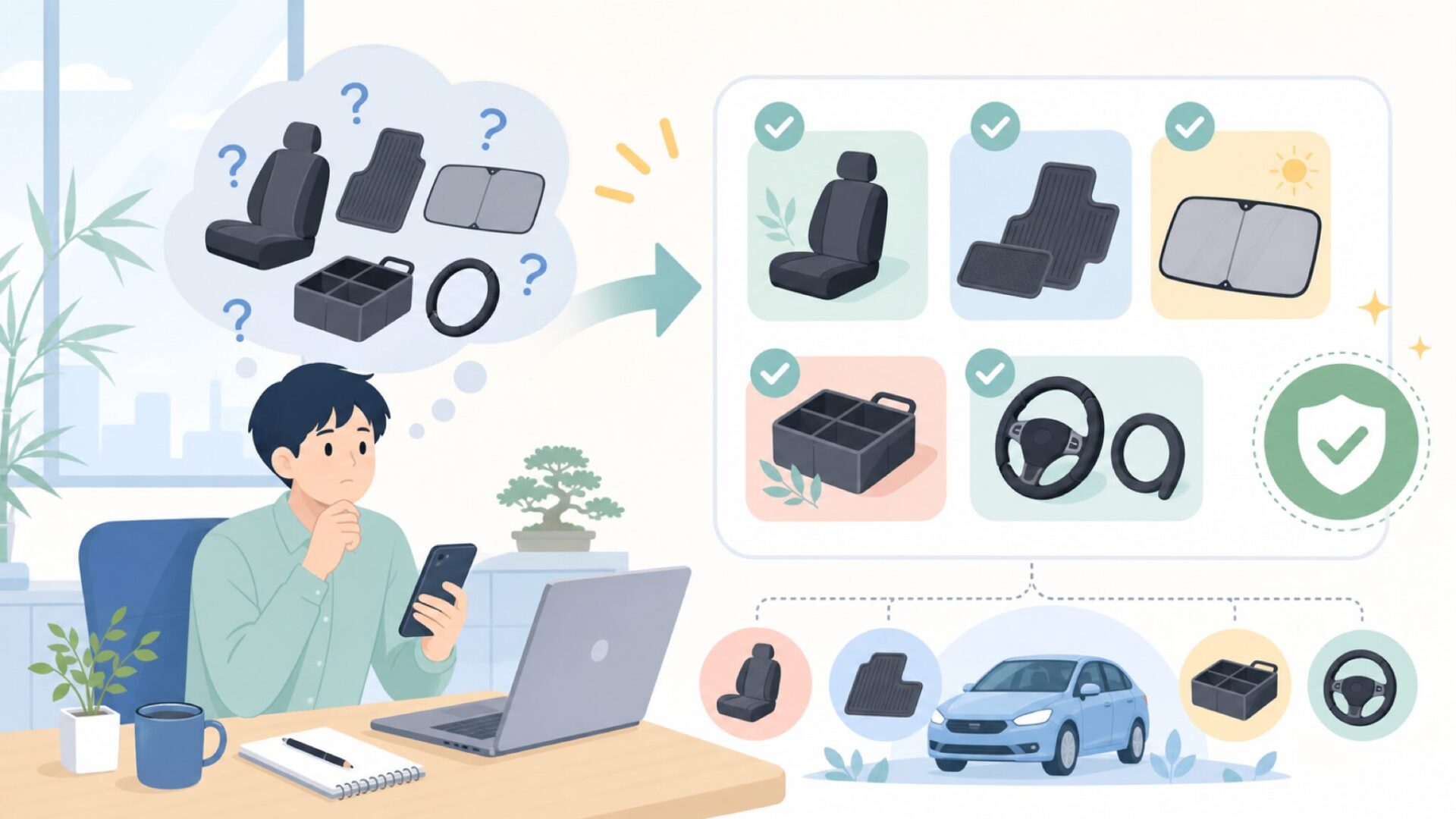 BDKが展開する車用品の代表的なラインナップを表すイラスト
