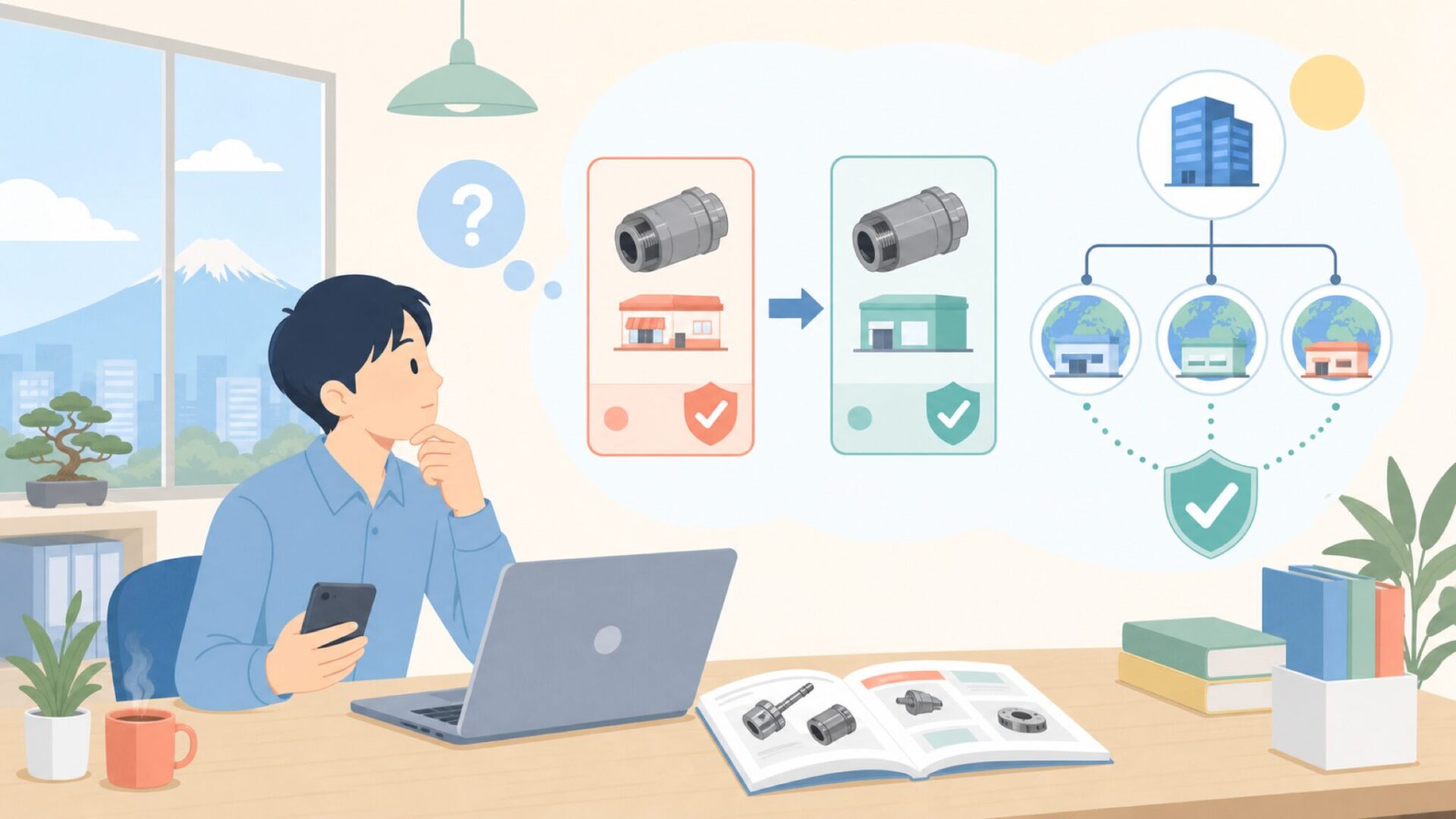 なぜ海外の社名（OSG Tools India・Sdn Bhdなど）を見かけるのかを表すイラスト