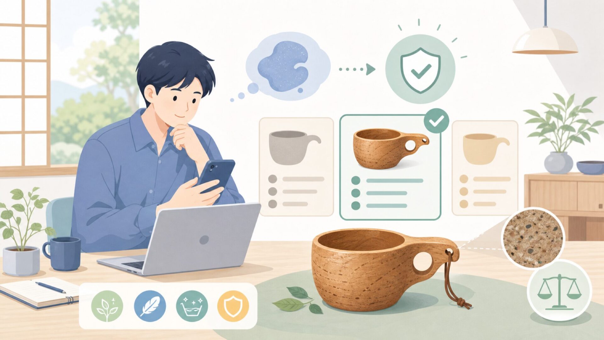 Kupilkaを唯一無二にする素材とデザインの特徴を表すイラスト