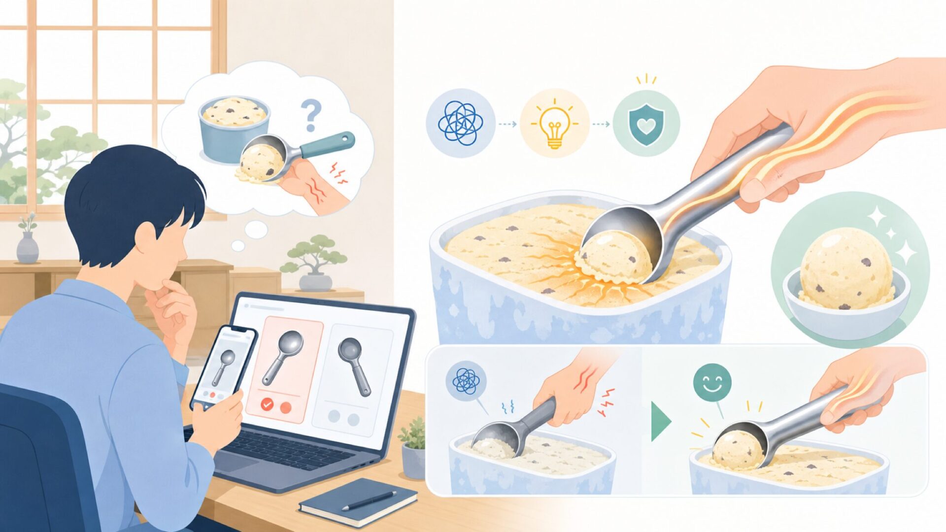 Zerollのアイスクリームスクープが人気の理由 — 熱伝導と使い心地を表すイラスト