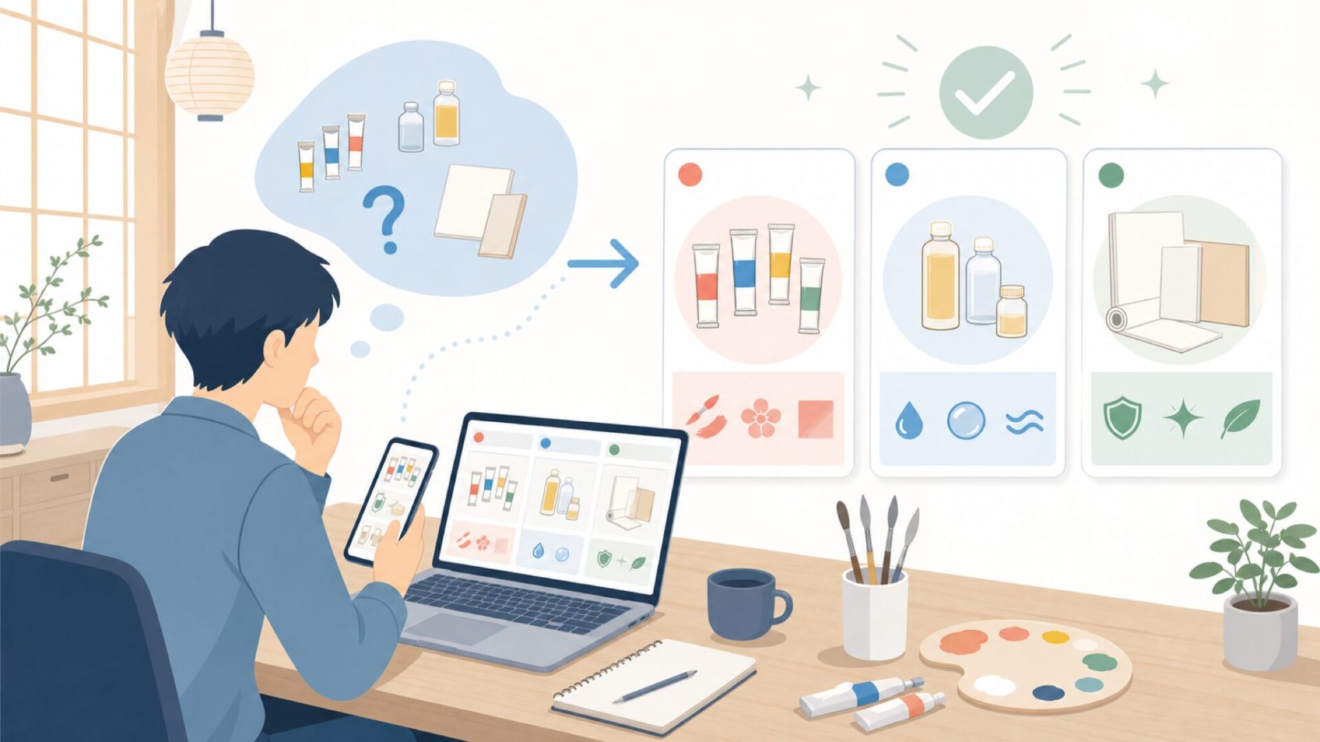 Gamblinの代表的な油彩画材とその特徴を表すイラスト