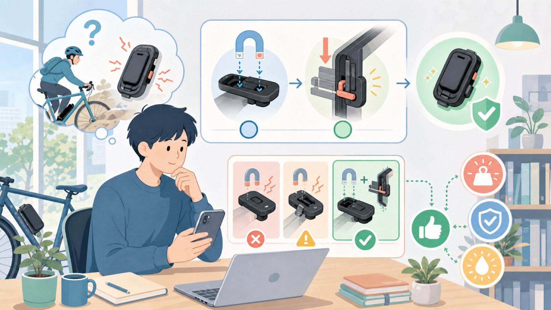 FIDLOCKの固定力を支える仕組み — 磁力だけに頼らない機械式ロックの二段構えを表すイラスト