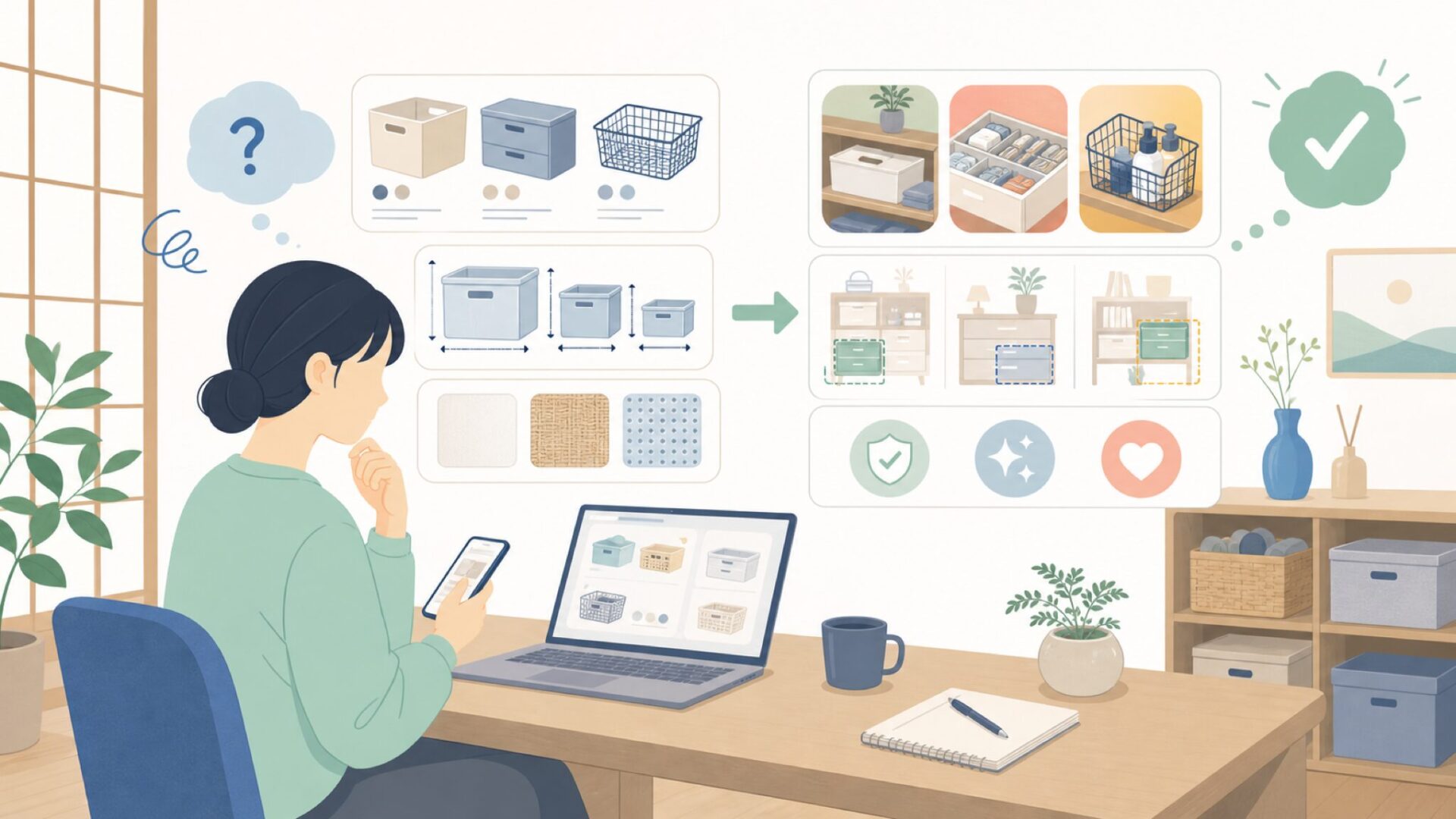 mDesign収納用品はどんな商品?サイズ・素材・使い道をチェックを表すイラスト