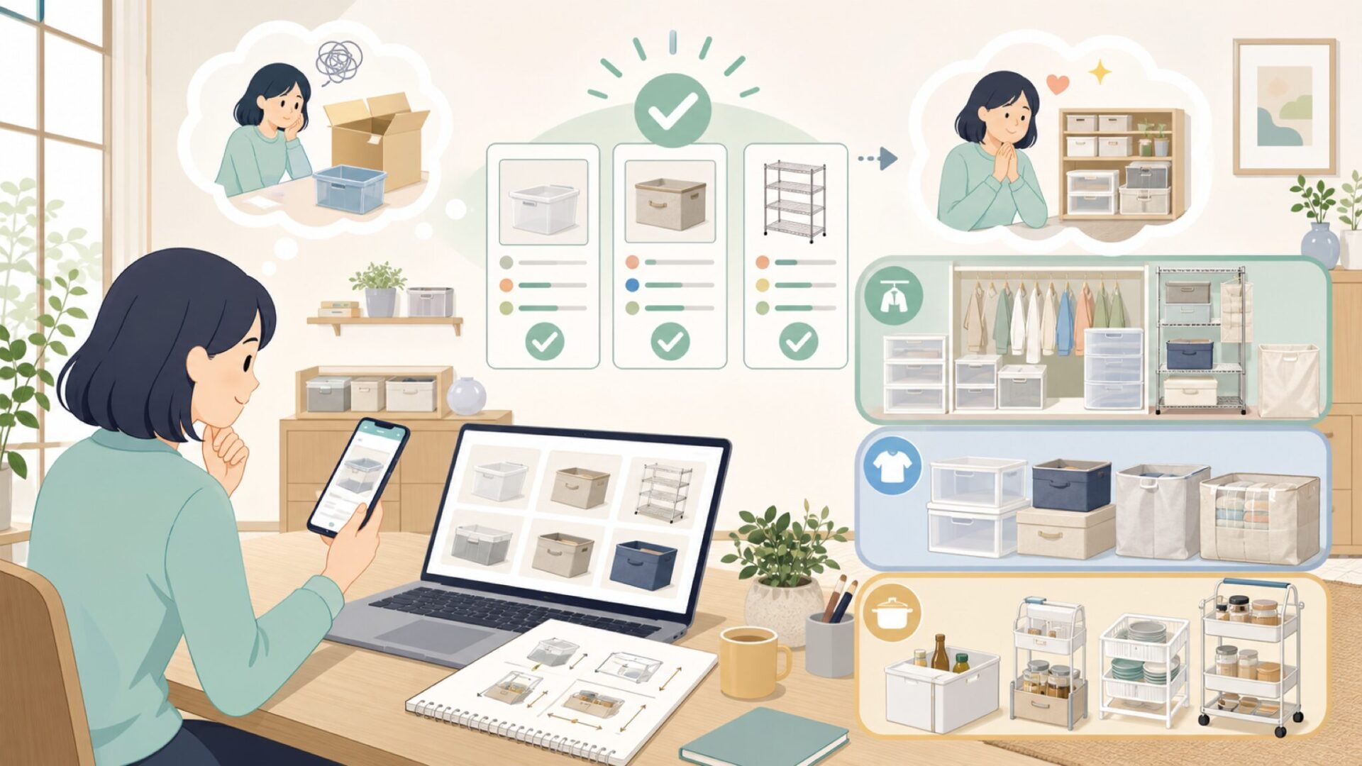Whitmorの収納用品ラインナップとサイズ・素材の特徴を表すイラスト