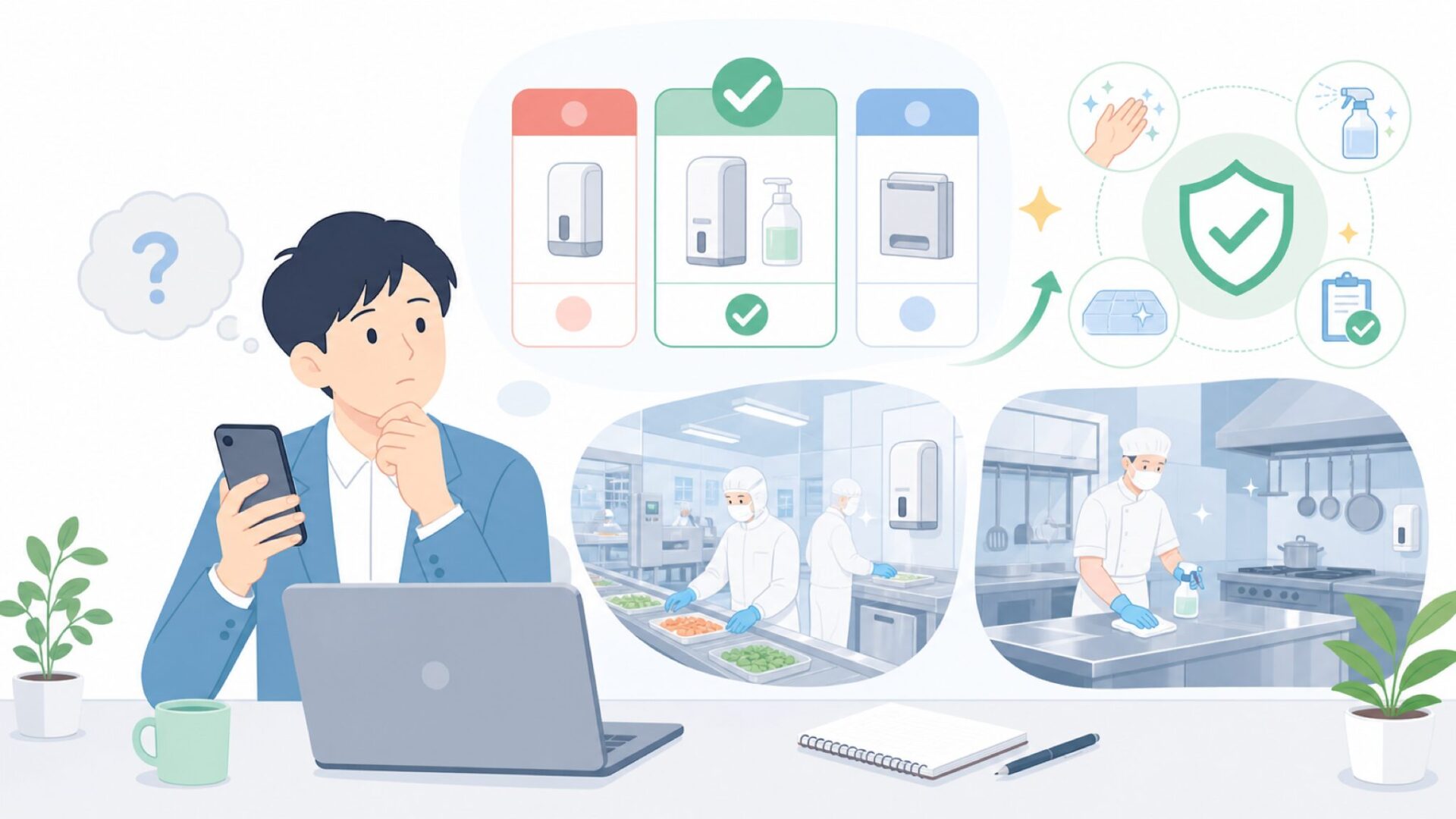 Vikanが食品工場・厨房の衛生管理で選ばれる理由を表すイラスト