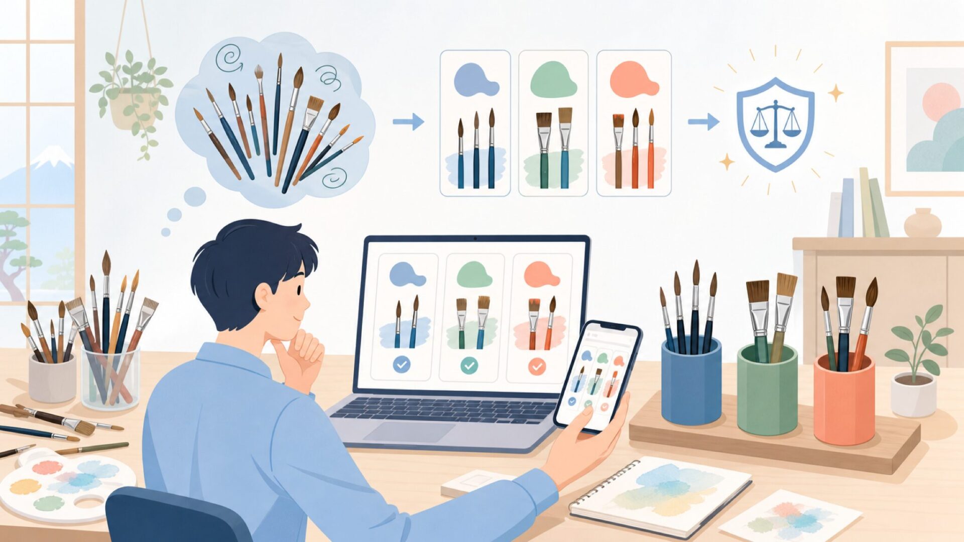 用途で選ぶPrinceton Brushのシリーズ 水彩・アクリル・油彩対応の筆たちを表すイラスト