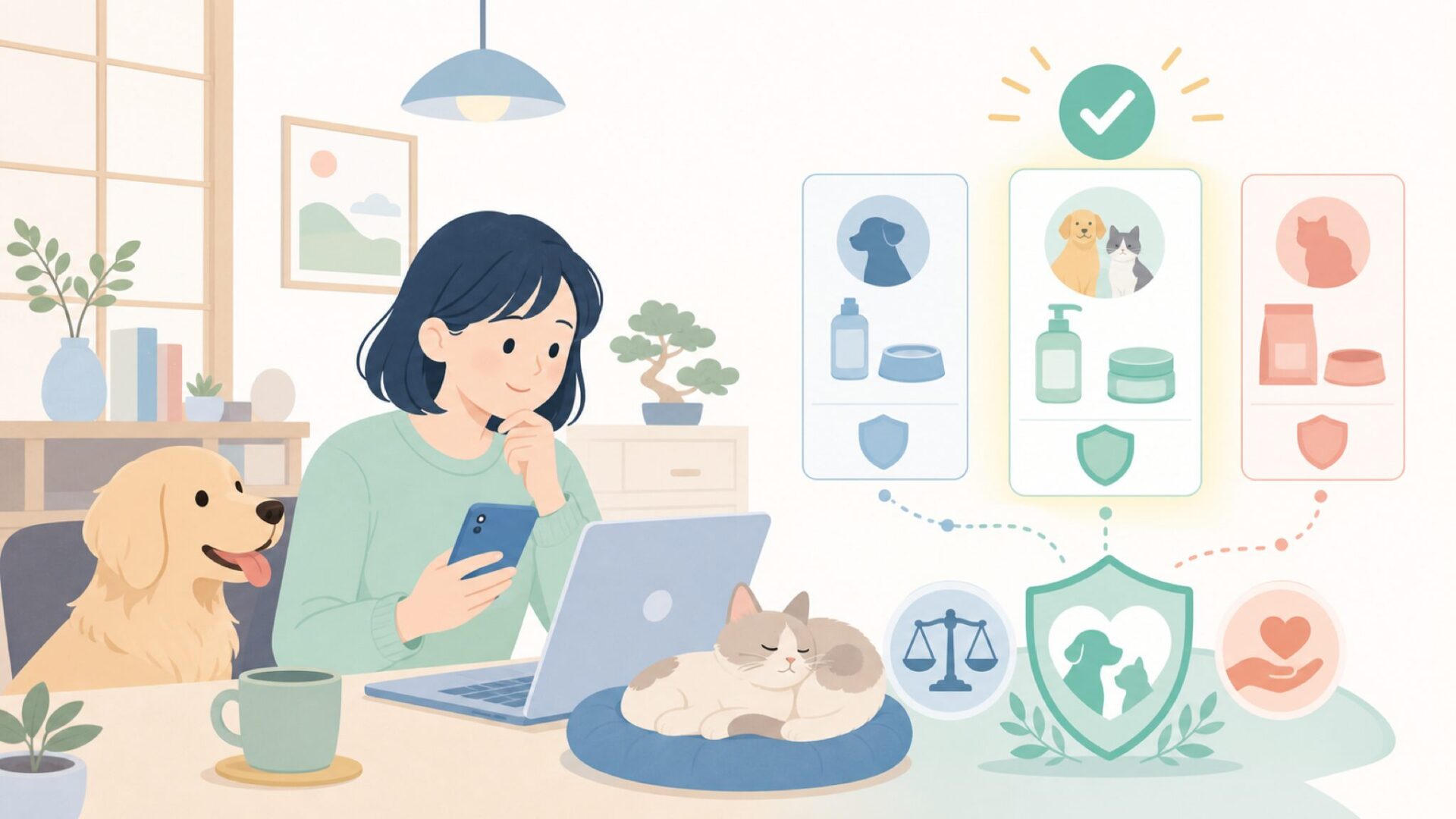 Ethical Petが選ばれる理由|犬と猫両方に対応する安心設計を表すイラスト