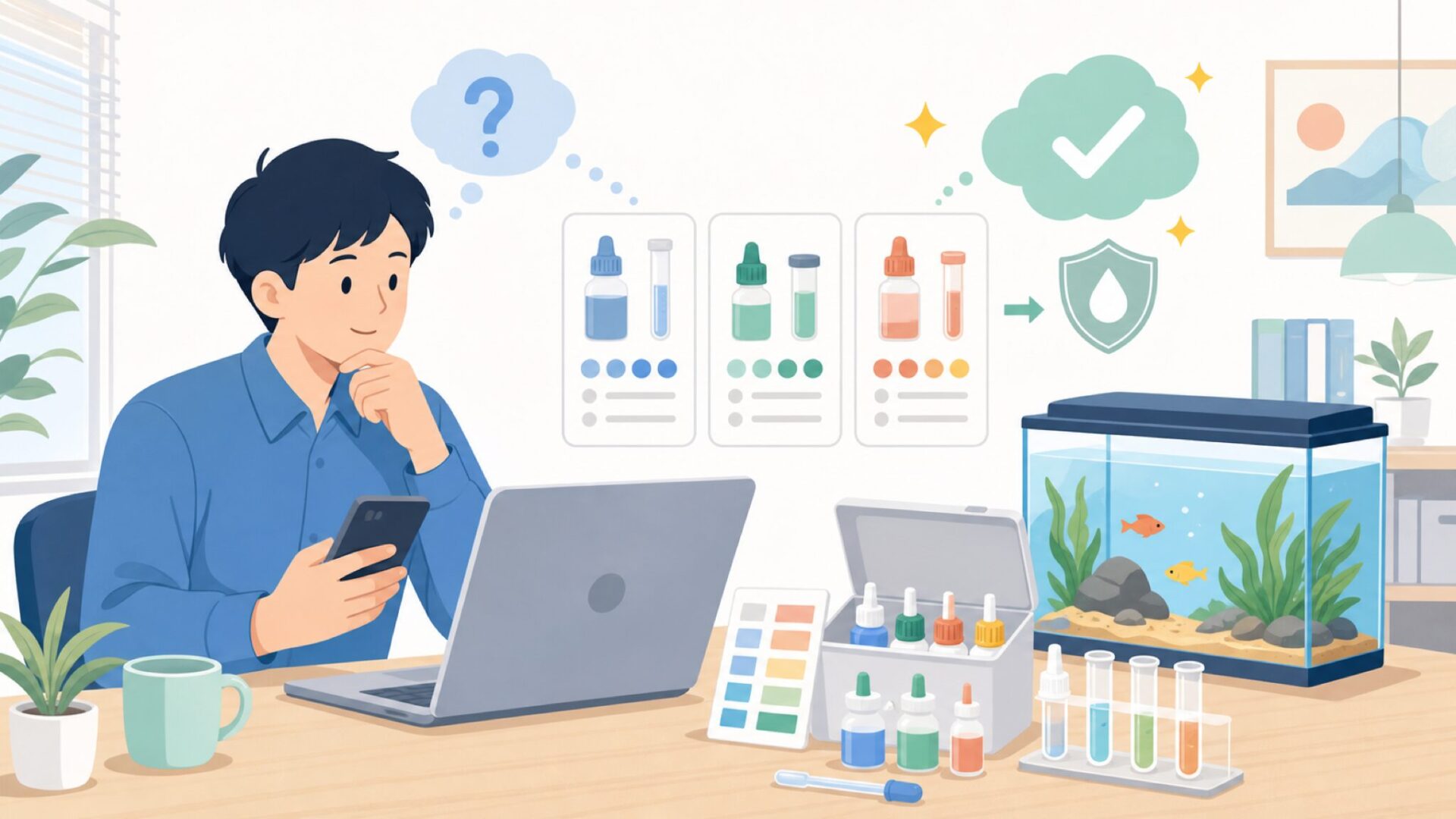 Salifertのアクアリウム用品は何に使われる？主な検査キットの種類を表すイラスト