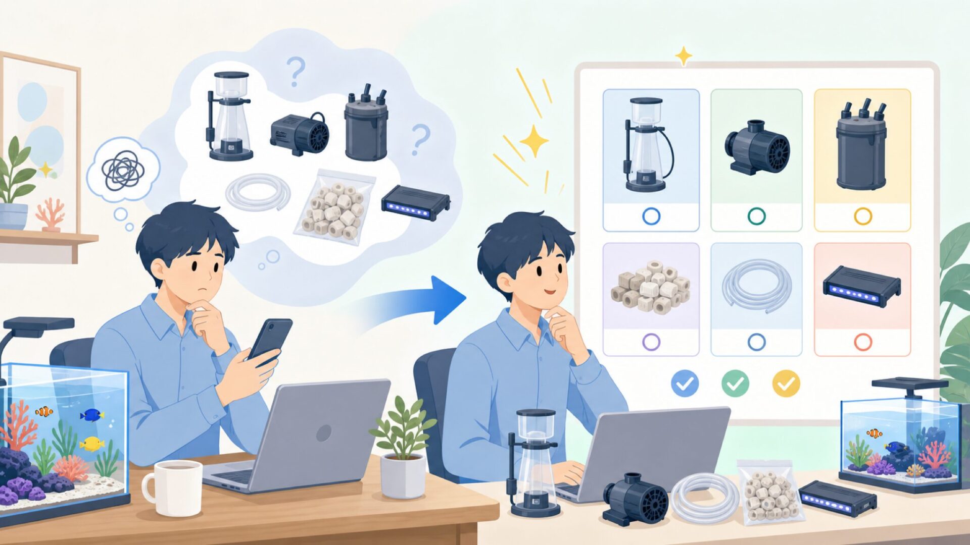Reef Octopusが手がけるアクアリウム用品のカテゴリを表すイラスト