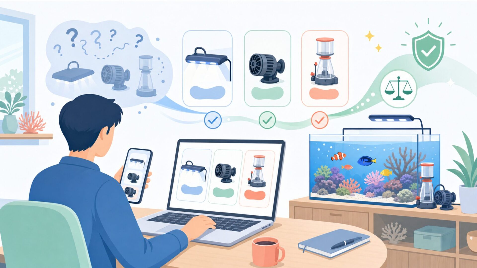 Maxspectが得意とする海水水槽向け機材の全体像を表すイラスト