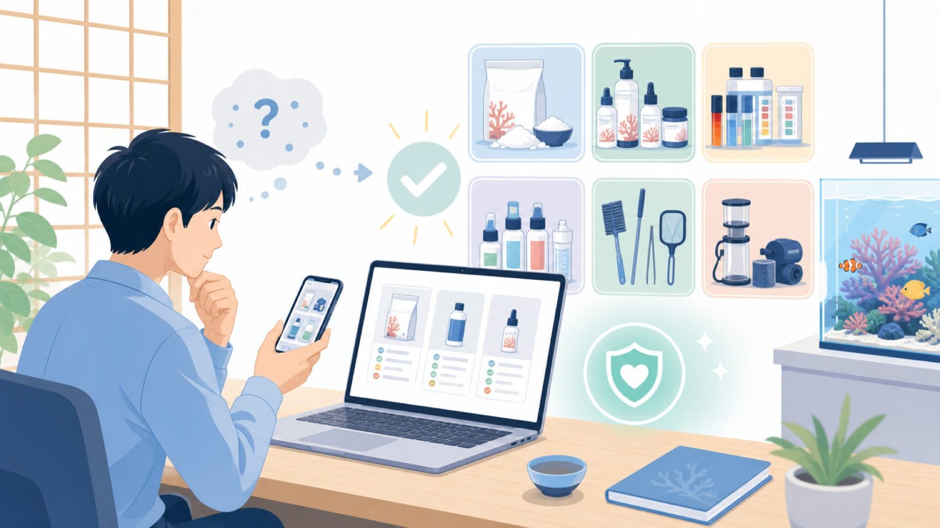Fauna Marinが得意とするアクアリウム用品のラインナップを表すイラスト