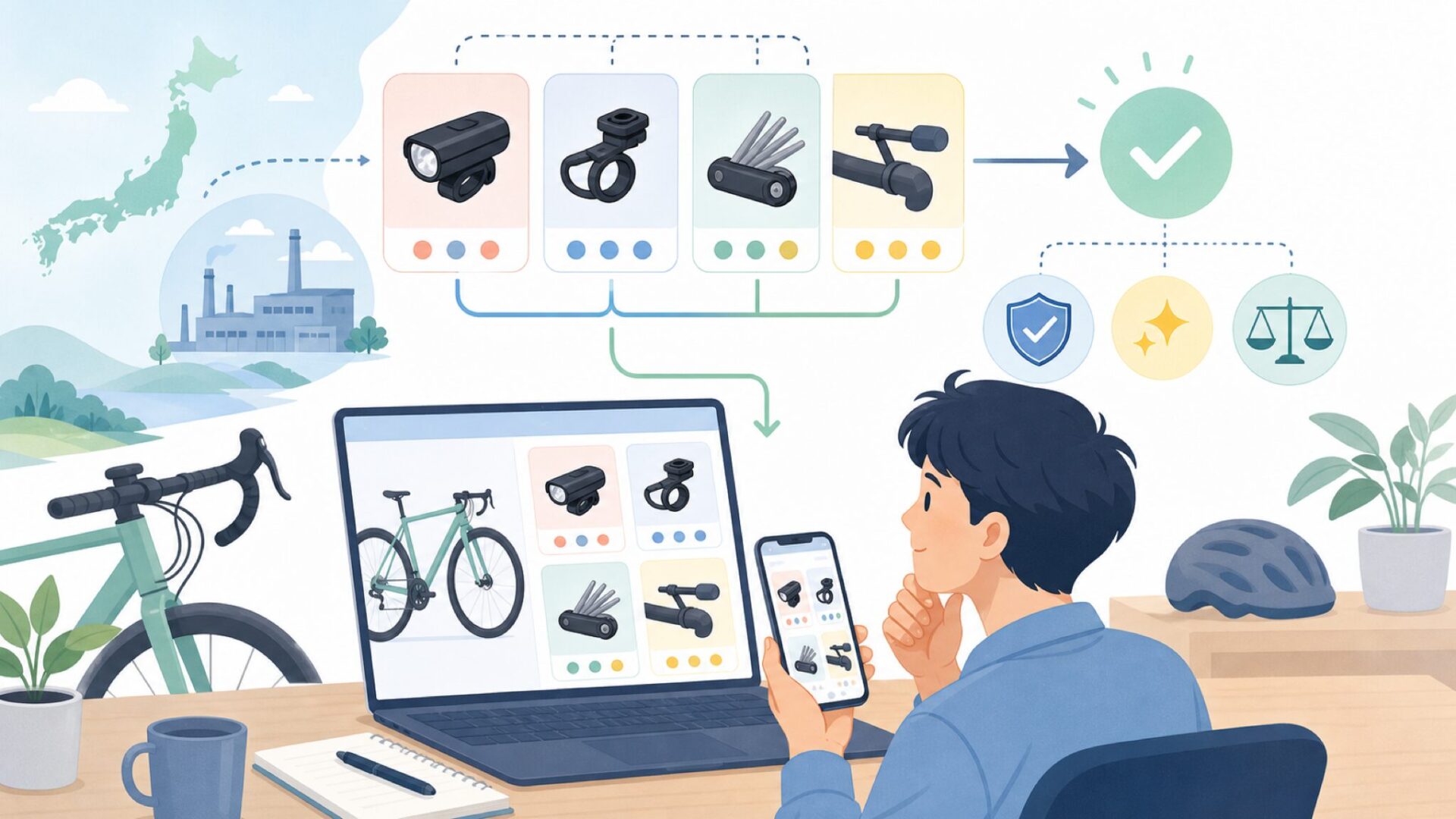 MOONはどんなメーカー?自転車用品のラインナップと特徴を表すイラスト