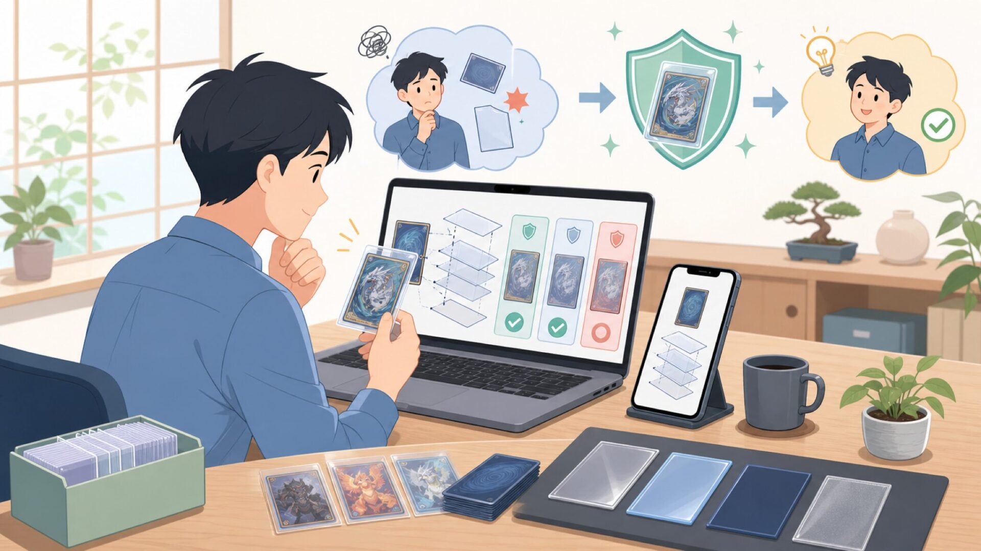 カードスリーブの役割とBCW製品の基本構造を表すイラスト