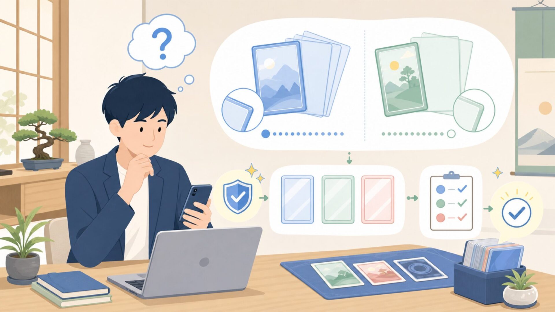 カードスリーブの規格とハード・ソフトの違いを理解するを表すイラスト