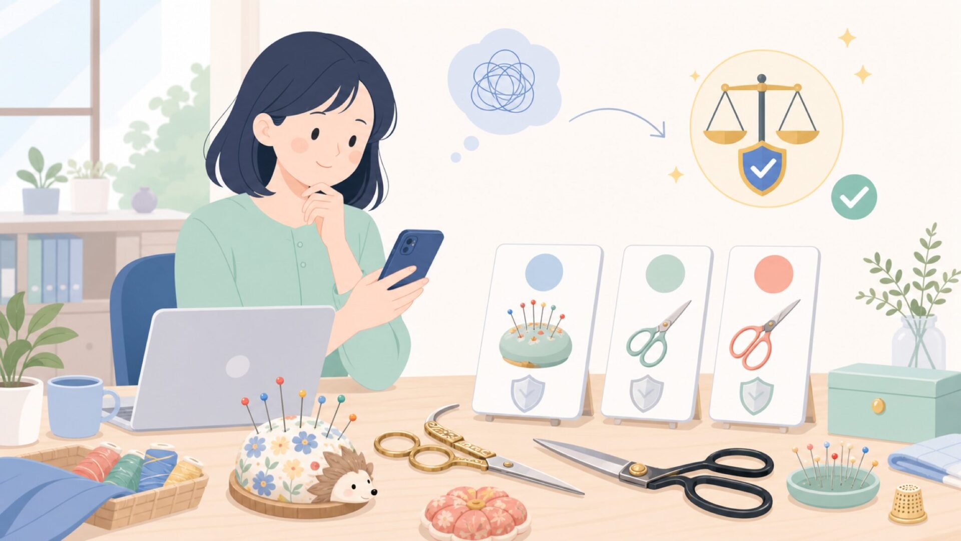 BOHINを代表する裁縫道具、ピン・はさみに宿る職人技を表すイラスト