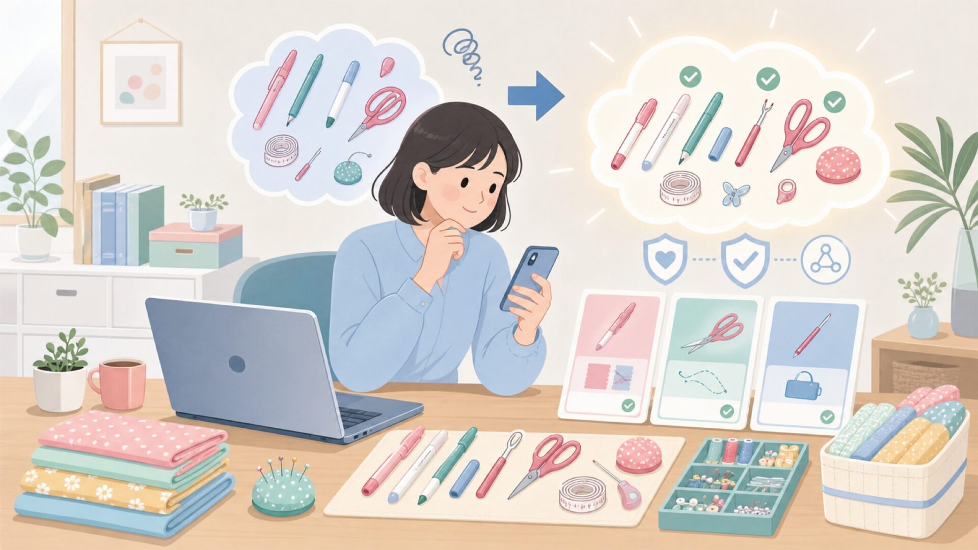 Sewlineの裁縫道具ラインナップと使い道を表すイラスト