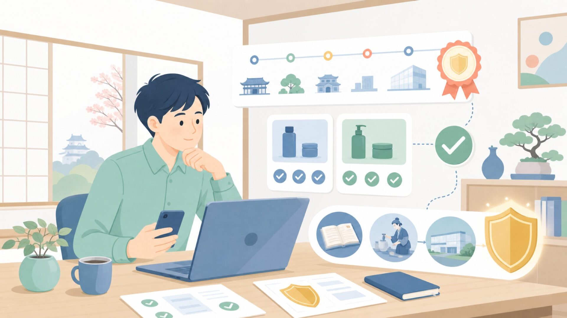 老舗ブランドとしての信頼性を支える歴史を表すイラスト