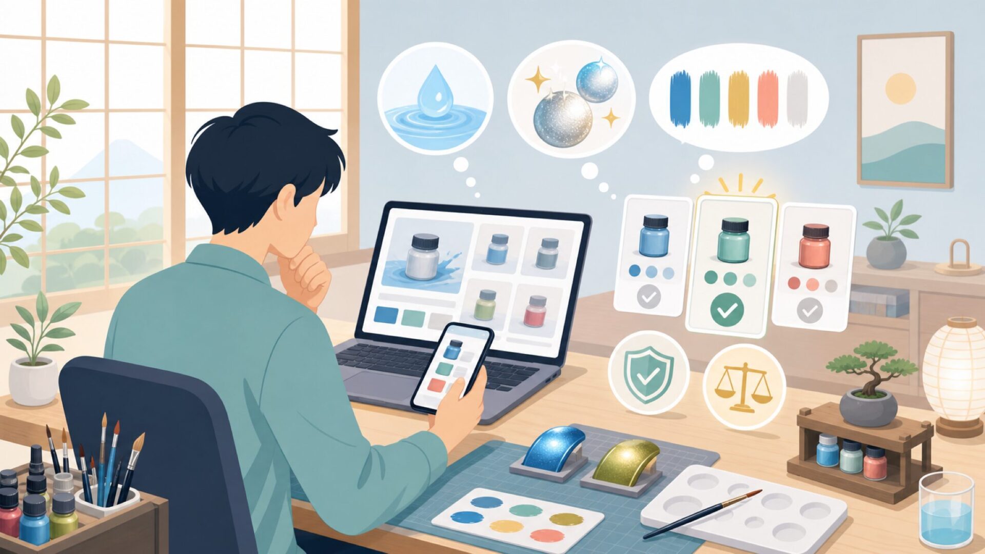 The Army Painterの塗料に見られる特徴(水性・メタリックなど)を表すイラスト