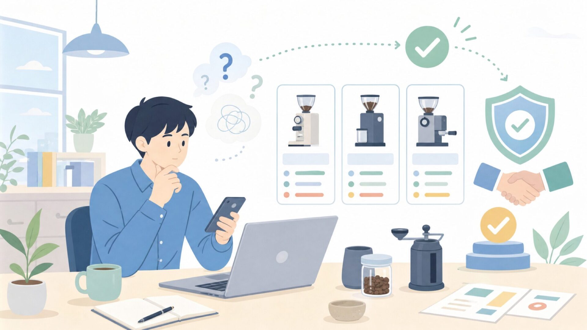 業務用コーヒーミルとして選ばれる理由 - 信頼性を支える背景を表すイラスト