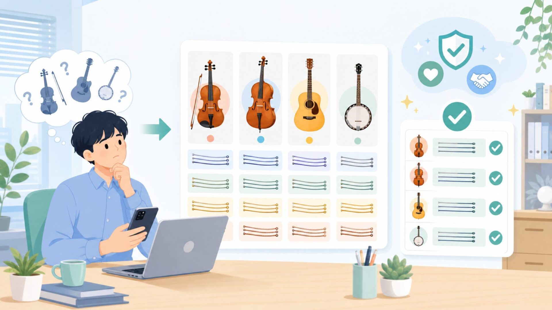 バイオリンだけじゃない!対応楽器と弦のラインナップを表すイラスト