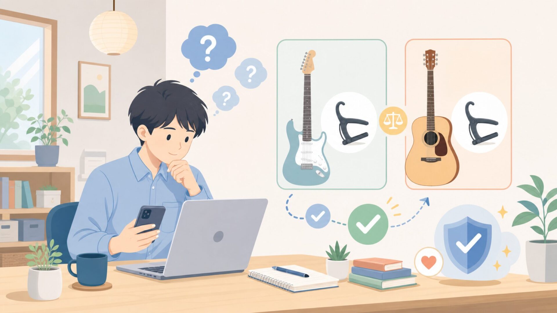 エレキとアコギでKyserカポは何が違うのかを表すイラスト