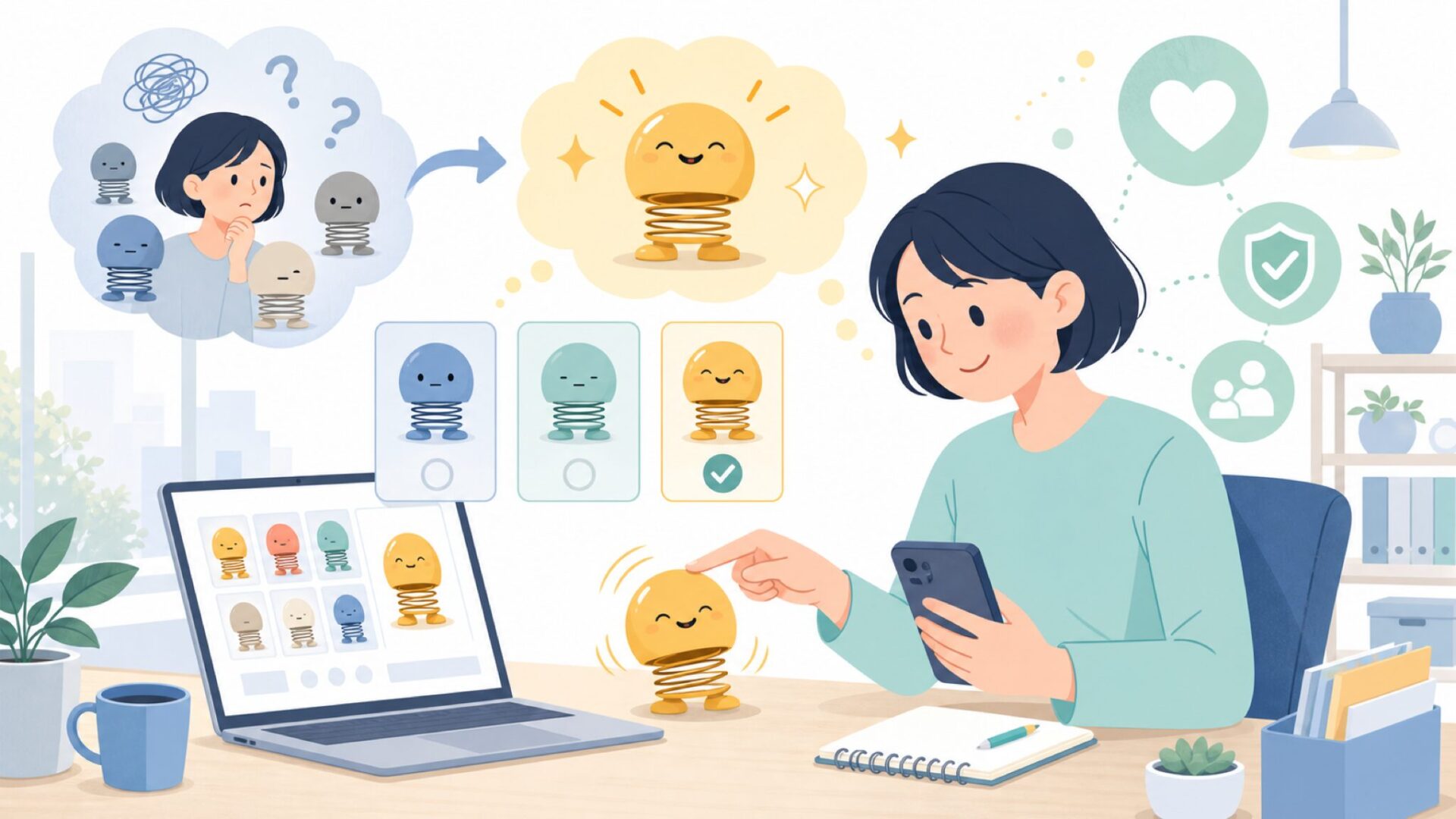触れると揺れる、Hoptimistが人を笑顔にする理由を表すイラスト
