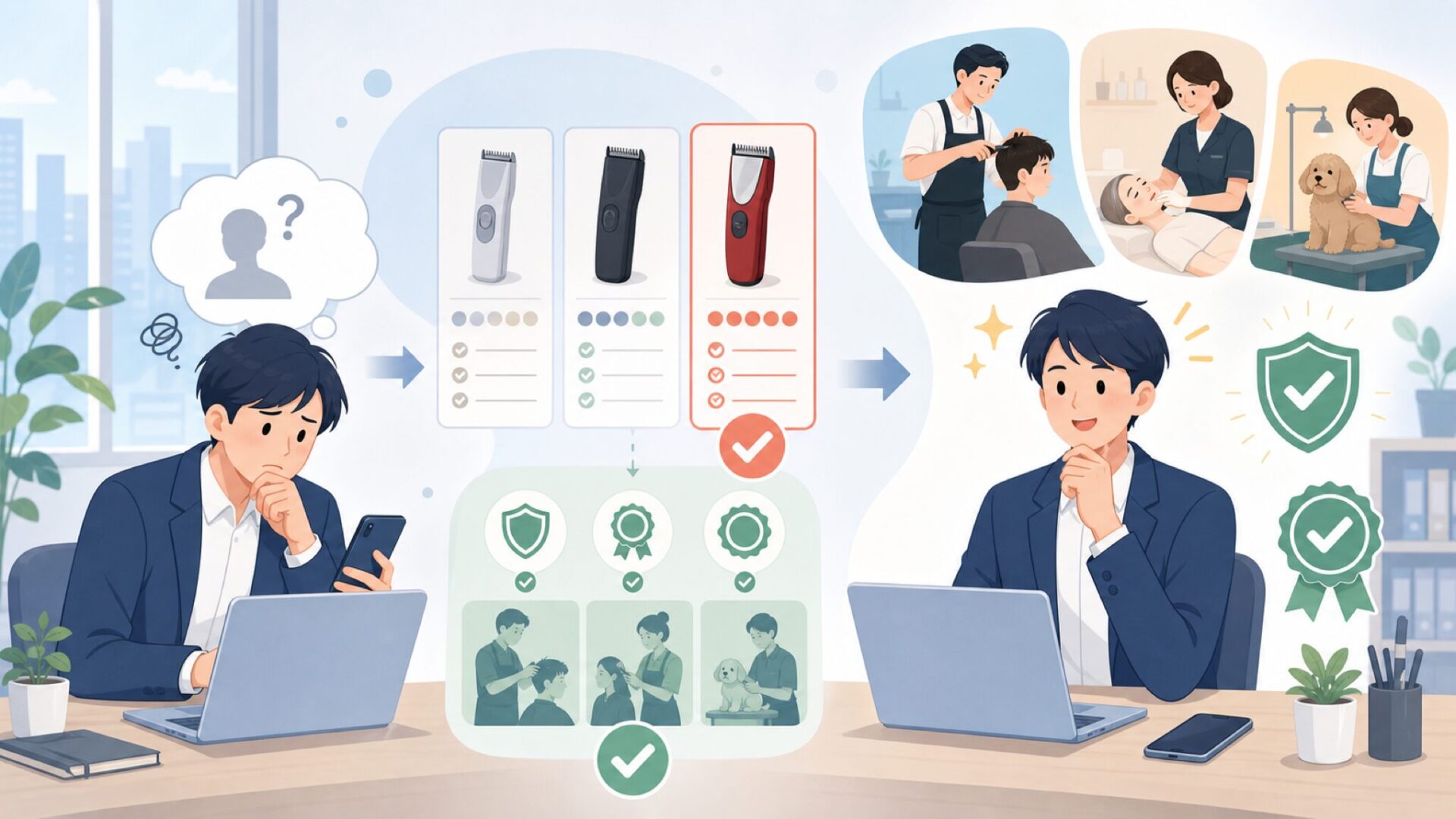 MOSERが理美容・業務用として選ばれる理由を表すイラスト