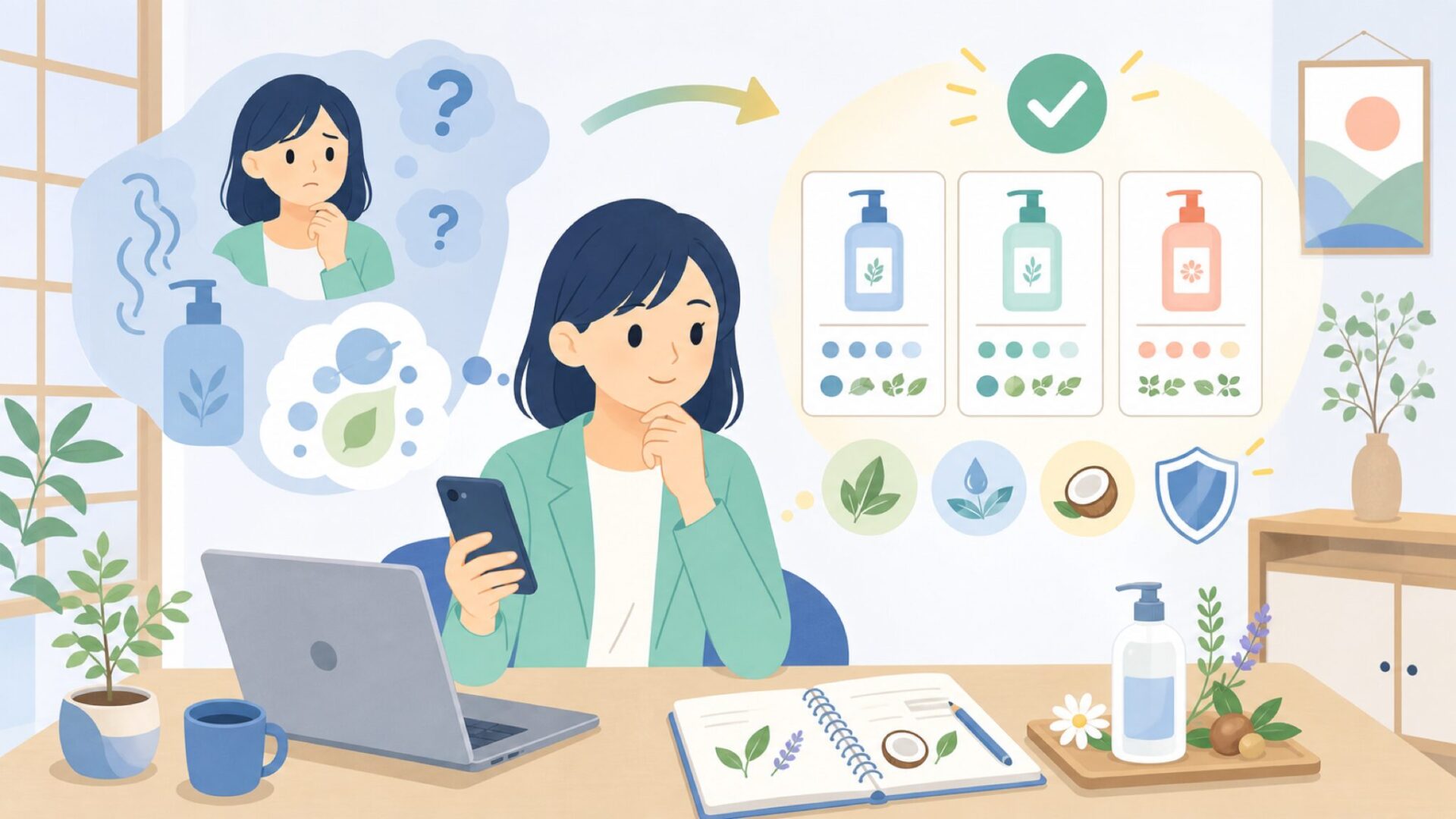 earthbathシャンプーの特徴と成分へのこだわりを表すイラスト