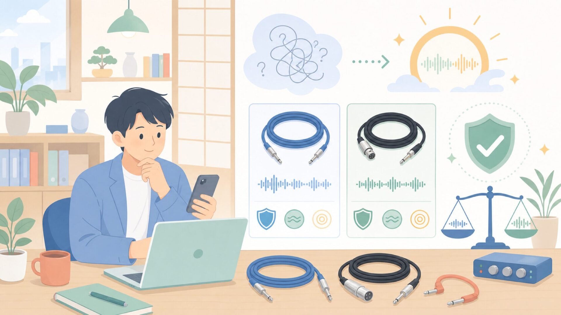 パッチケーブル・楽器用ケーブルの音質的な特徴を表すイラスト